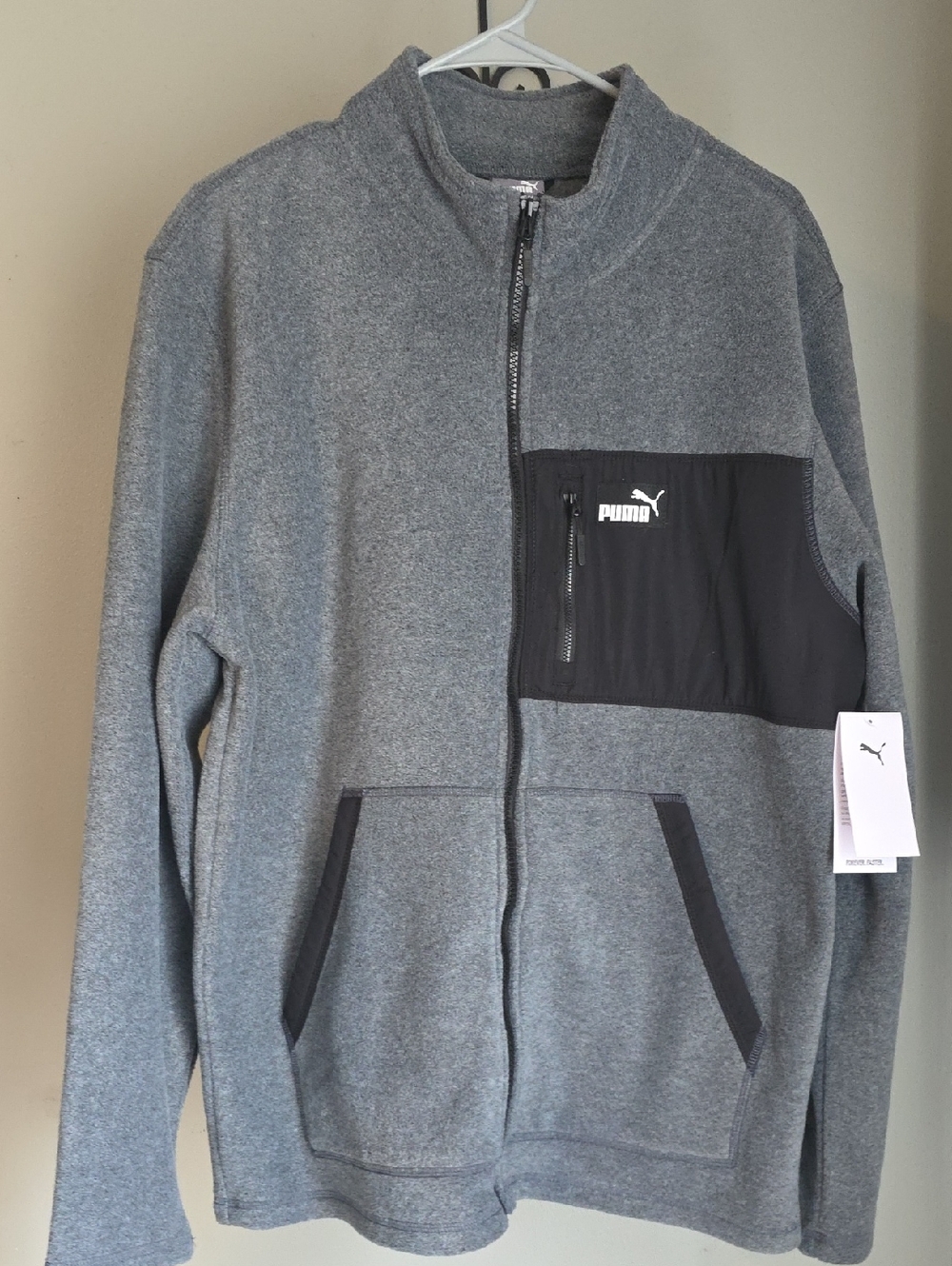 Puma Men's Gray Full-Zip Fleece Jacket with Black Chest Panel Size Medium